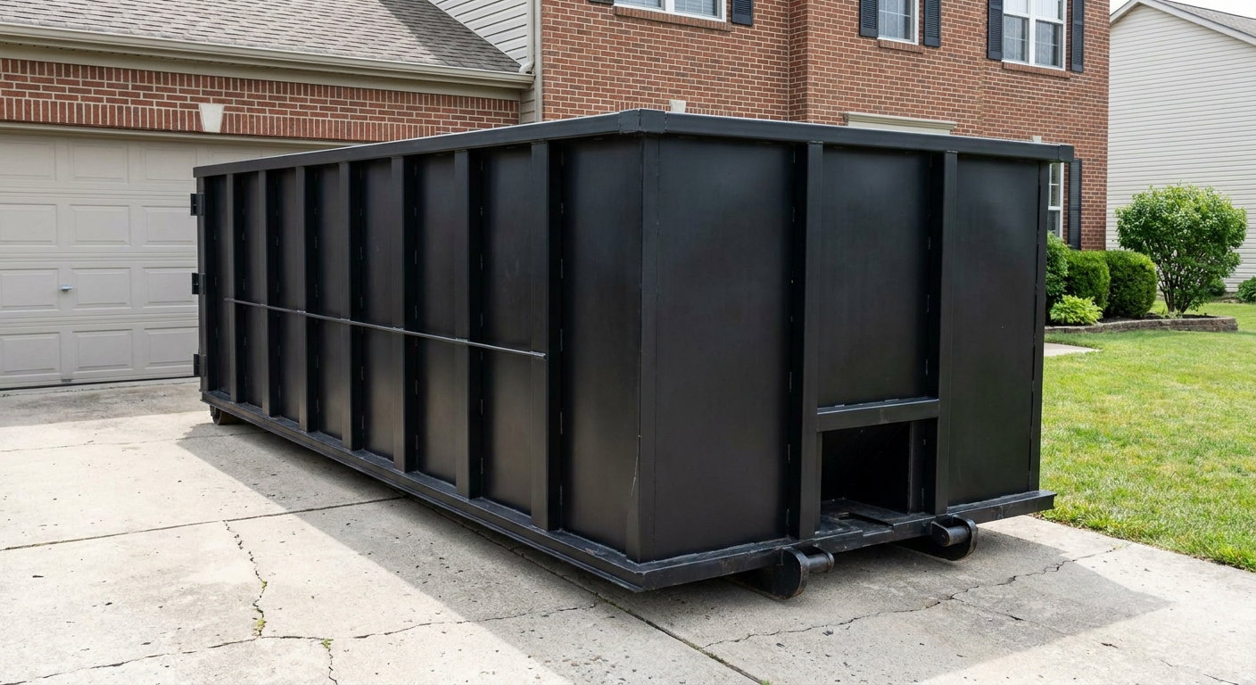 Matte-black 20-yard roll-off container on a Washington residential concrete driveway with reinforced ribbed steel sidewalls and a hinged rear walk-in door, clean bright daylight.