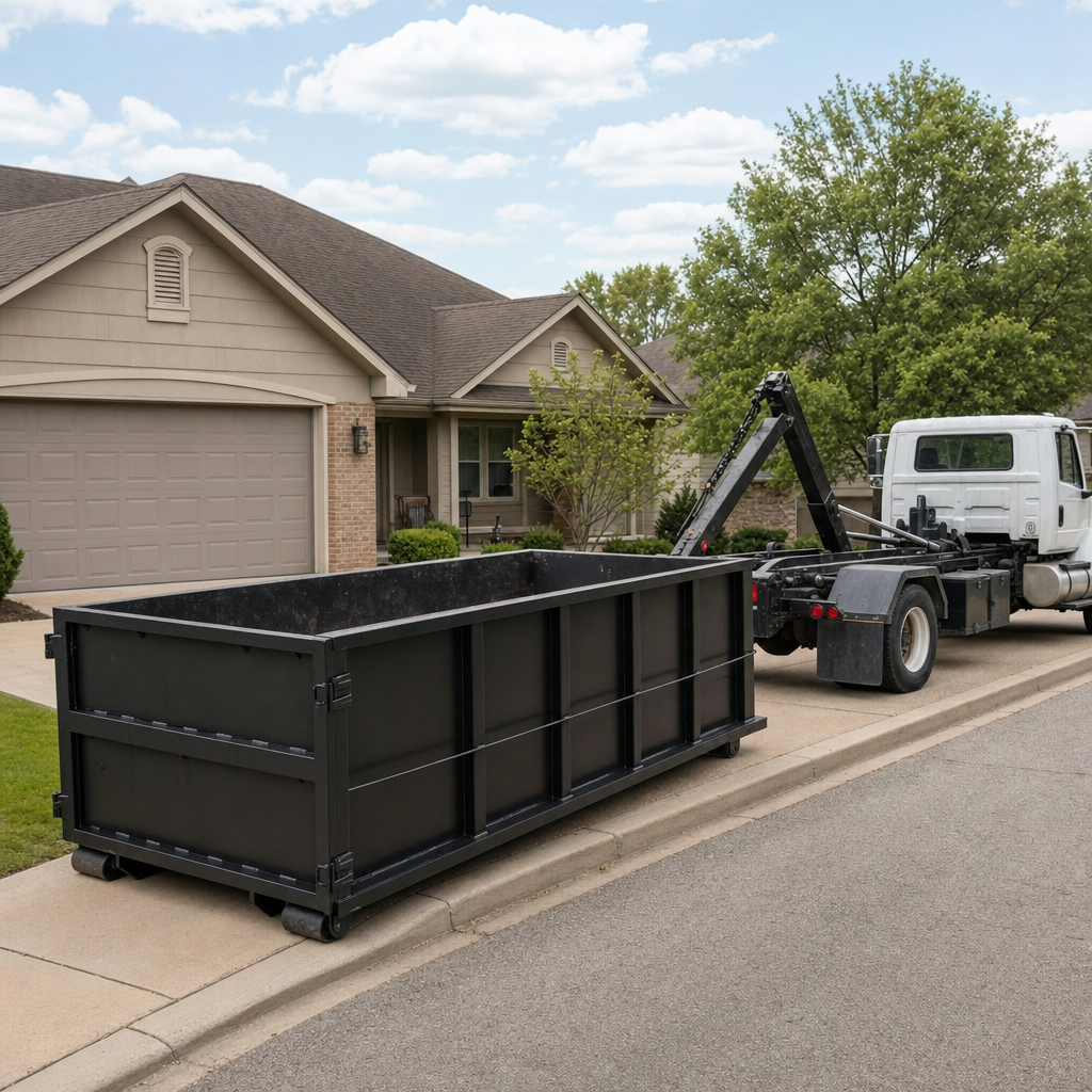 Wide documentary shot of a matte-black roll-off dumpster on a Washington residential driveway in the foreground and a contractor jobsite container in the soft-focus background, bright daylight, calm and orderly composition.